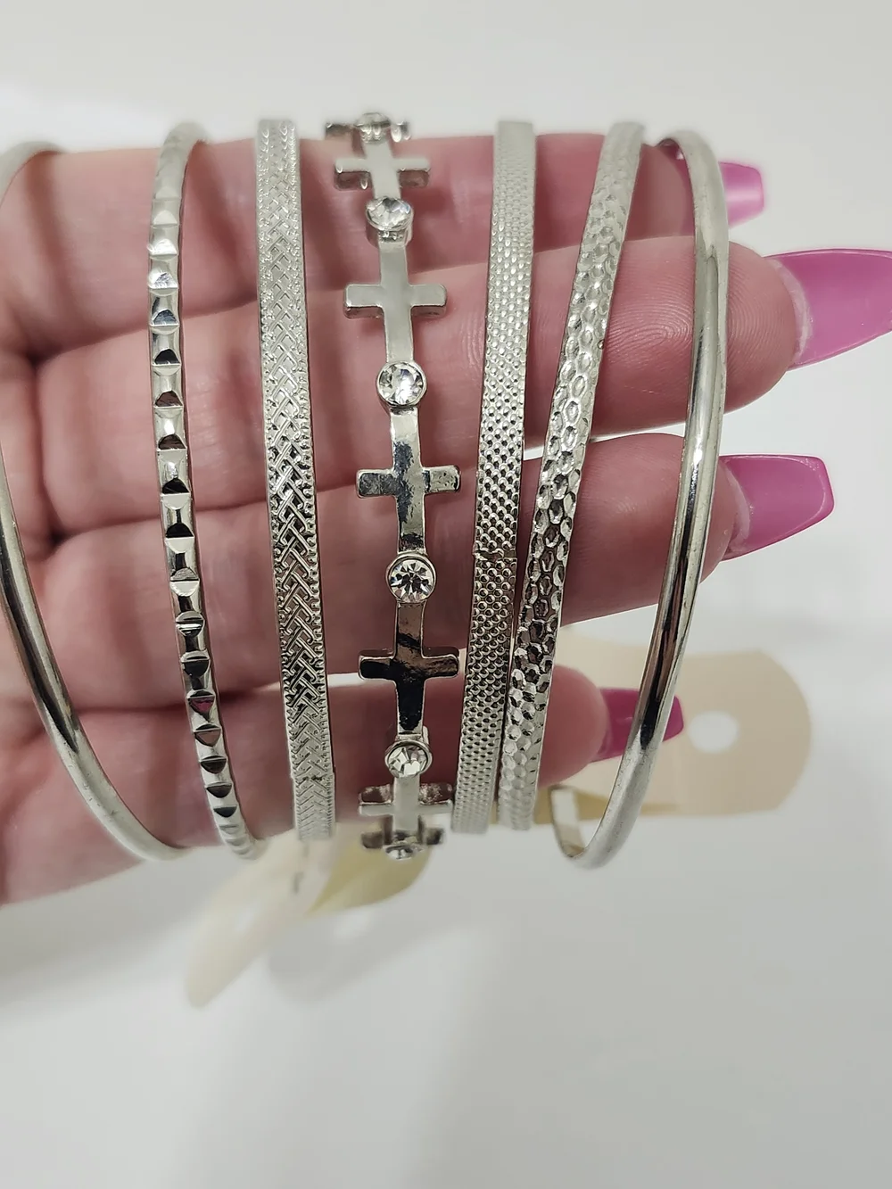 Silver Tone Cross and Rhinestone Bangle Bracelet Set 7 Pieces Large Casual Work